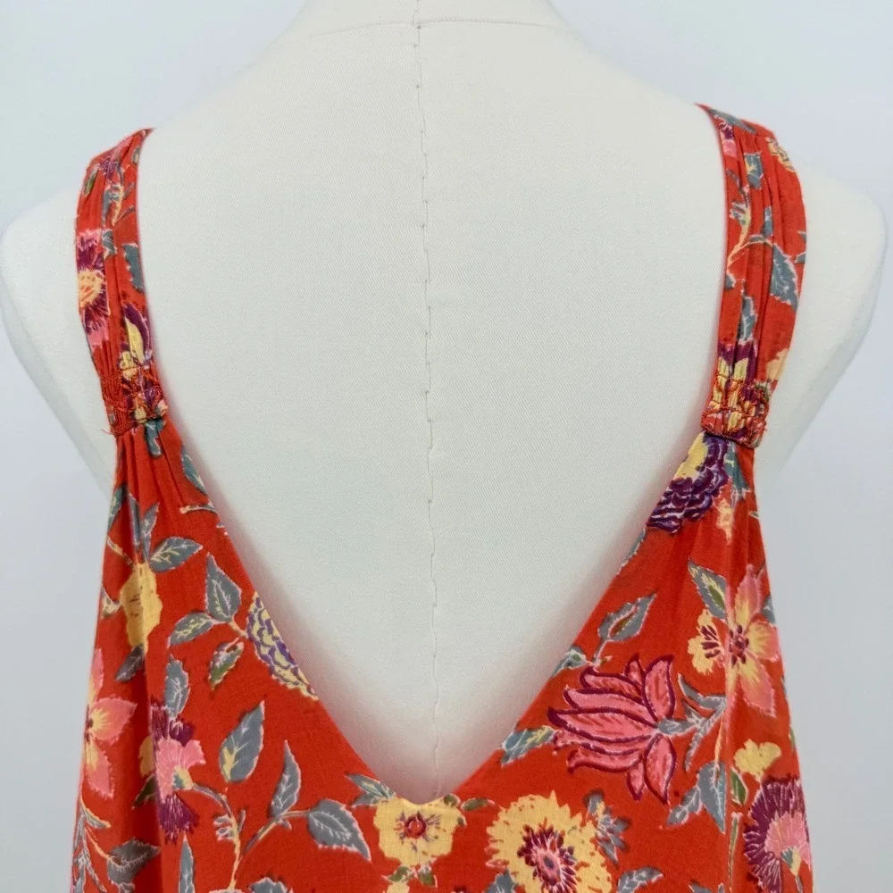 Free People Orange Floral Smocked Mini Dress Sleeveless V-Back XS Boho Fetival